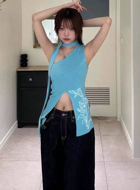 newalrin韩国小众品牌吊带背心不规则开叉挂脖系带设计无袖上衣