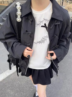 韩国Helder立体蝴蝶结拉链夹克小众设计感甜酷宽松翻领外套女