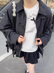 韩国Helder立体蝴蝶结拉链夹克小众设计感甜酷宽松翻领外套女