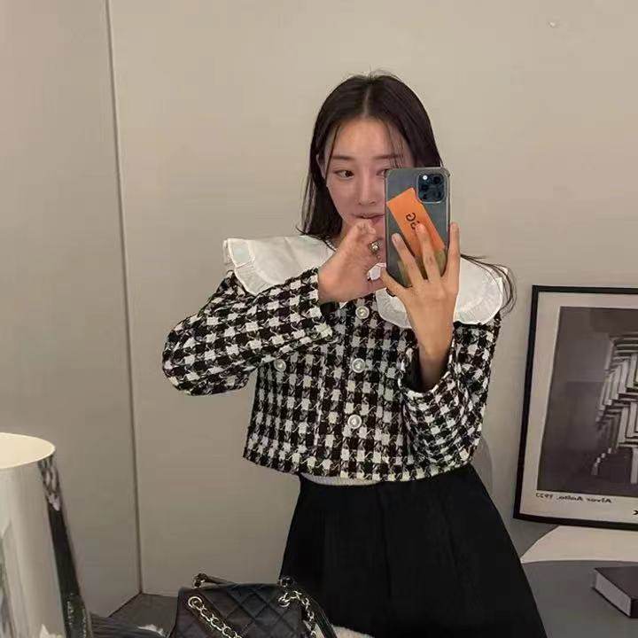 韩国dabagirl千鸟格粗花呢短外套气质娃娃领拼接系扣长袖上衣