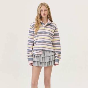 韩国GROVE LOVE翻领撞色条纹Polo长袖T恤春季新款休闲百搭上衣