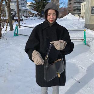 【现货】韩国maybebaby双排扣毛呢外套气质复古纯色廓形翻领大衣