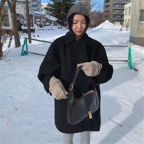 【现货】韩国maybebaby双排扣毛呢外套气质复古纯色廓形翻领大衣