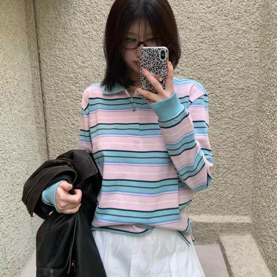 【现货】Grove杨采钰同款韩国翻领条纹上衣简约小清新宽松套头衫