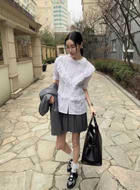 韩国Helder荷叶边蕾丝衬衫气质复古花边领镂空刺绣短袖衬衣女