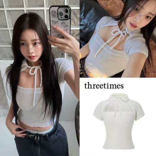 【现货】threetimes沈小婷同款系带短款针织短袖T恤辣妹修身上衣