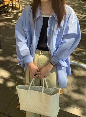 韩国Lerobe条纹长袖衬衫简约慵懒风日本面料棉质翻领系扣衬衣