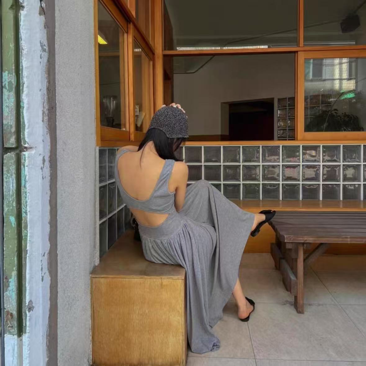 MayMay韩国镂空露背无袖连衣裙简约休闲慵懒纯色修身垂感中长裙女