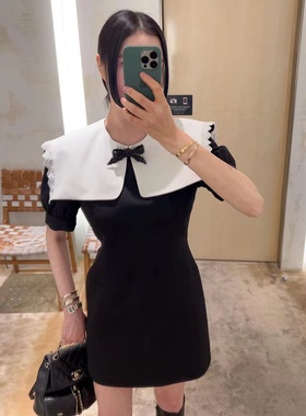 韩国Helder泡泡袖连衣裙甜美撞色花边海军领收腰蝴蝶结短裙女