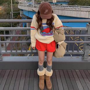 linenne韩国卡通印花毛衣简约气质圆领撞色宽松套头针织衫女