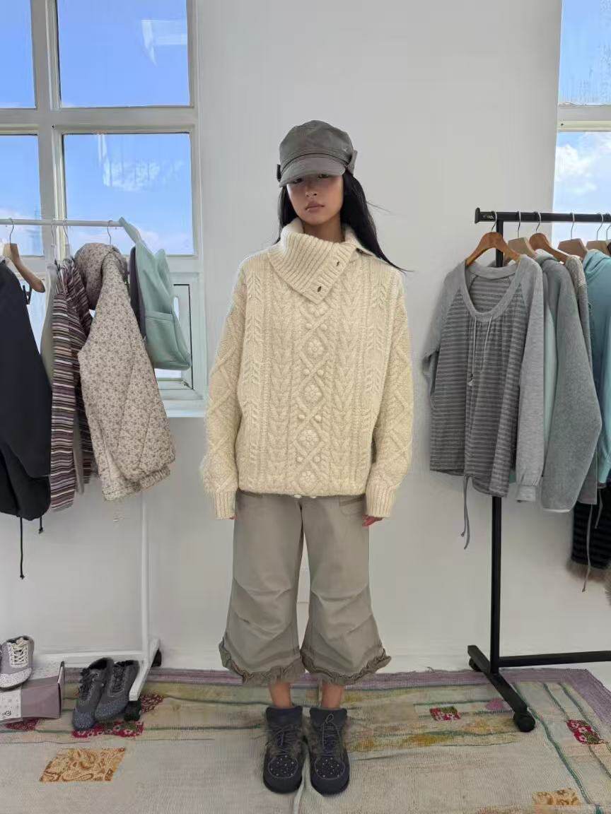 韩系宽松斜襟翻领麻花毛衣东大门秋冬季新款纯色显瘦套头针织衫女