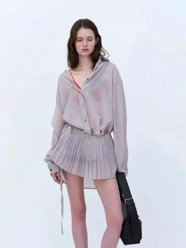 韩国londonflat东大门新款26春款女透视翻领衬衫屁帘两件套装