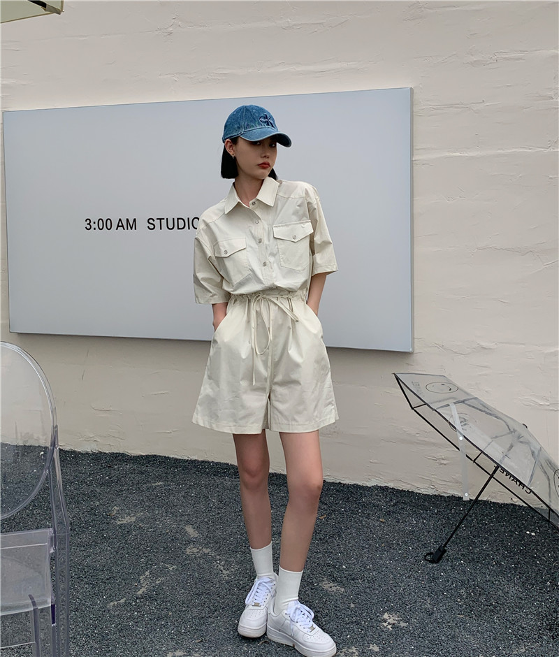 實拍實價~韓版chic寬鬆百搭顯瘦收腰襯衫連體褲女