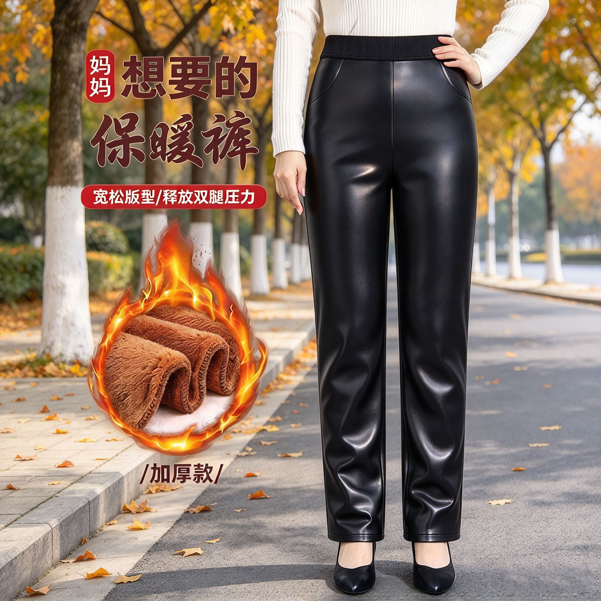 中老年妈妈裤外穿女皮裤加绒加厚宽松直筒高腰大码防风防水皮裤子