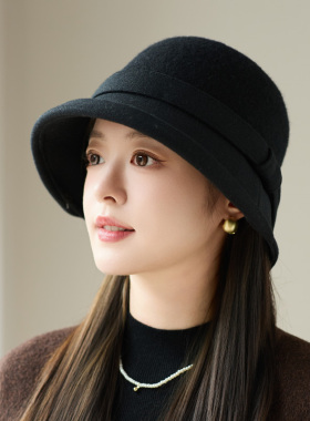 毛呢盆帽女2025秋冬季法式复古赫本风卷边礼帽优雅渔夫帽显脸小