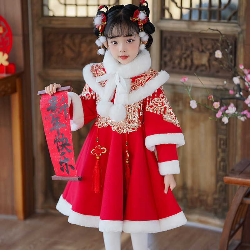 女童旗袍汉服连衣裙秋冬新款中国风儿童新中式拜年服小女孩公主裙