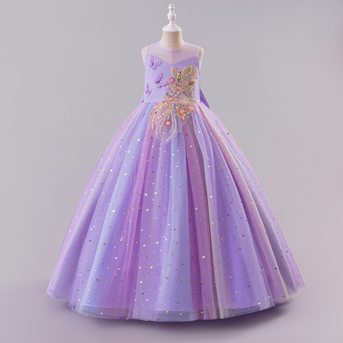 六一公主裙女童婚礼主持人表演裙子紫色纱裙花童长袖儿童晚礼服潮