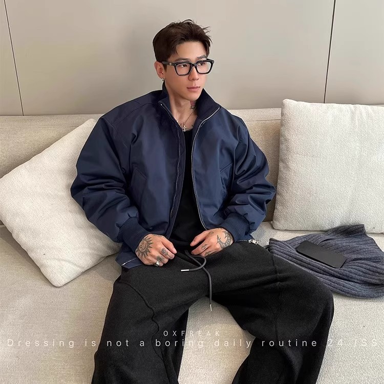 藏青色cleanfit短款飞行夹克棉服男冬季潮牌加厚防寒立领棉衣外套