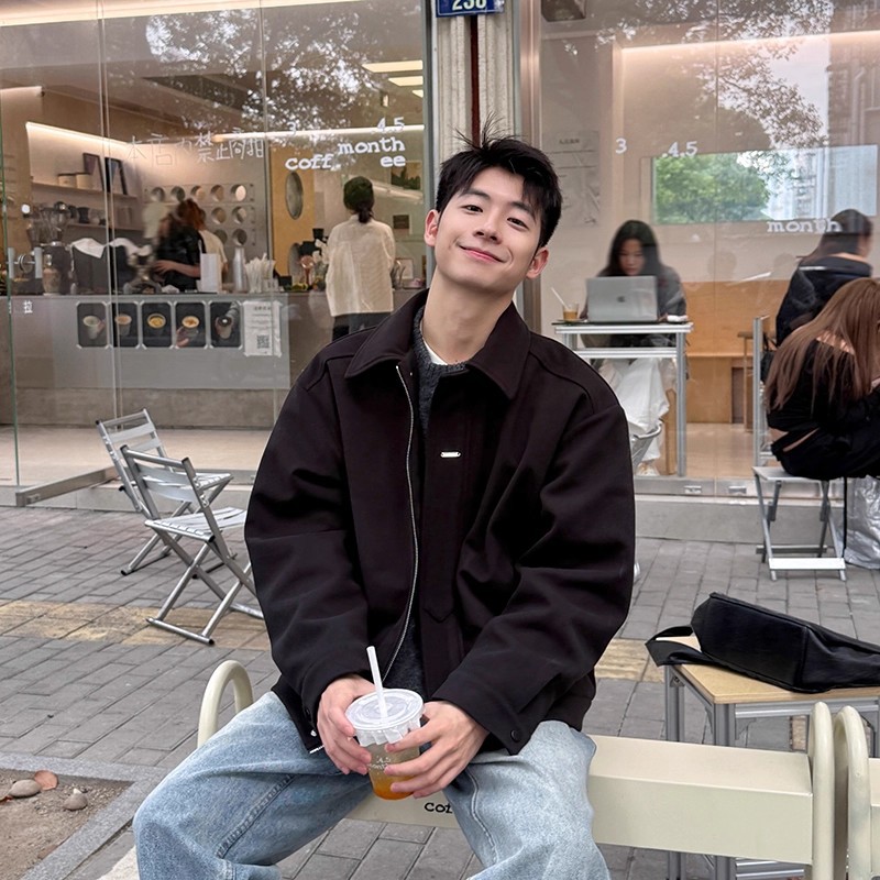 黑色翻领夹克男生春秋季2025新款外套上衣百搭宽松潮流简约纯色