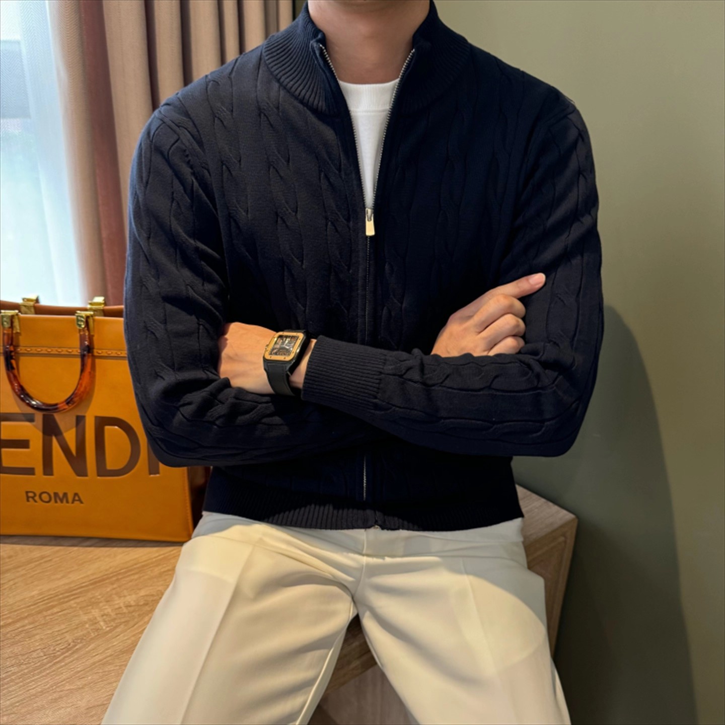 老钱风纯色绞花针织开衫毛衣男秋冬穿搭潮牌痞帅休闲百搭立领外套