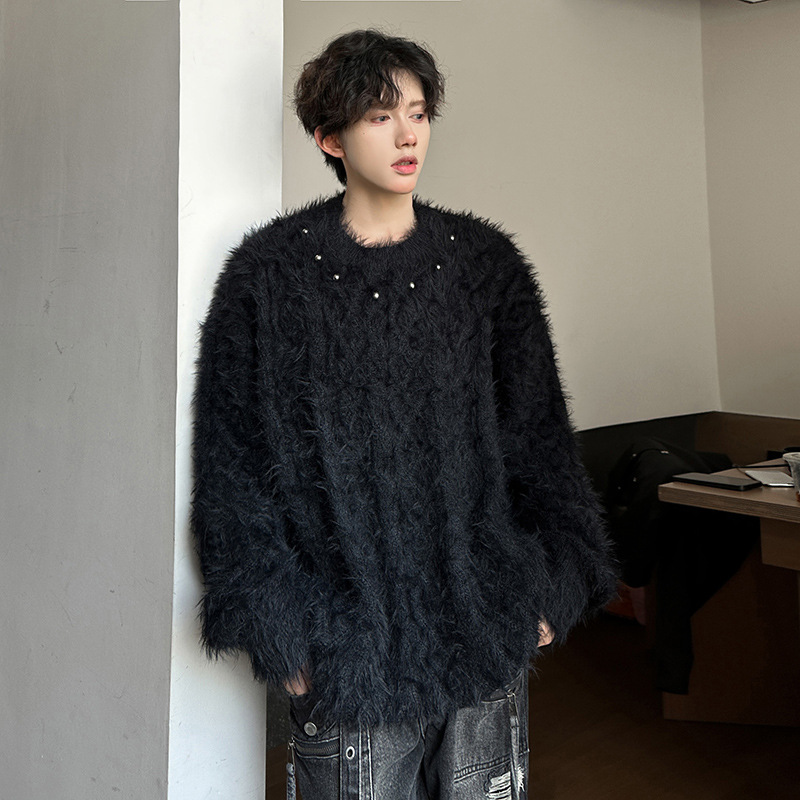美式高街vibe外套男款秋冬黑色水貂毛钉珠毛衣慵懒风马海毛针织衫