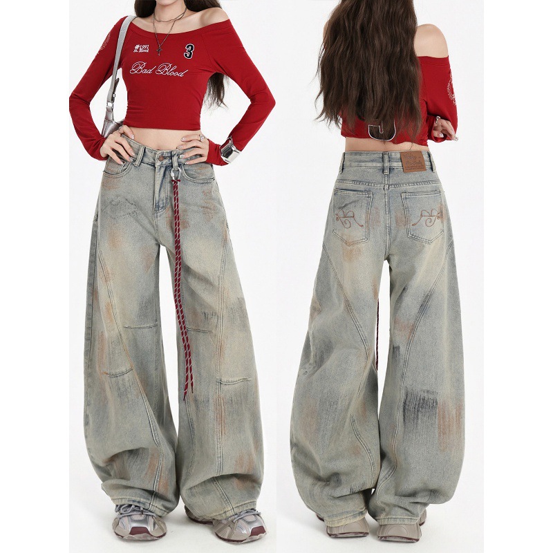 大码复古美式弯刀牛仔裤秋季胖mm梨形身材低腰显瘦直筒阔腿裤子