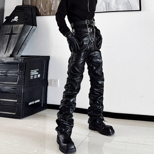 欧美街头褶皱堆积感皮裤男女赛博朋克摇滚PU直筒长裤子亚文化