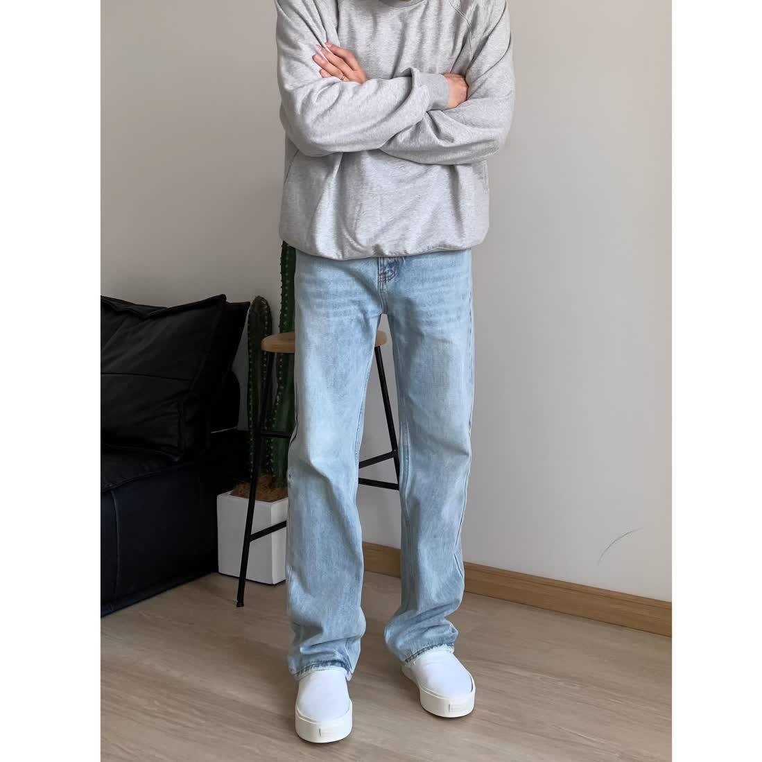 美式复古cleafit浅蓝色显瘦简约牛仔裤宽松垂感百搭休闲直筒裤