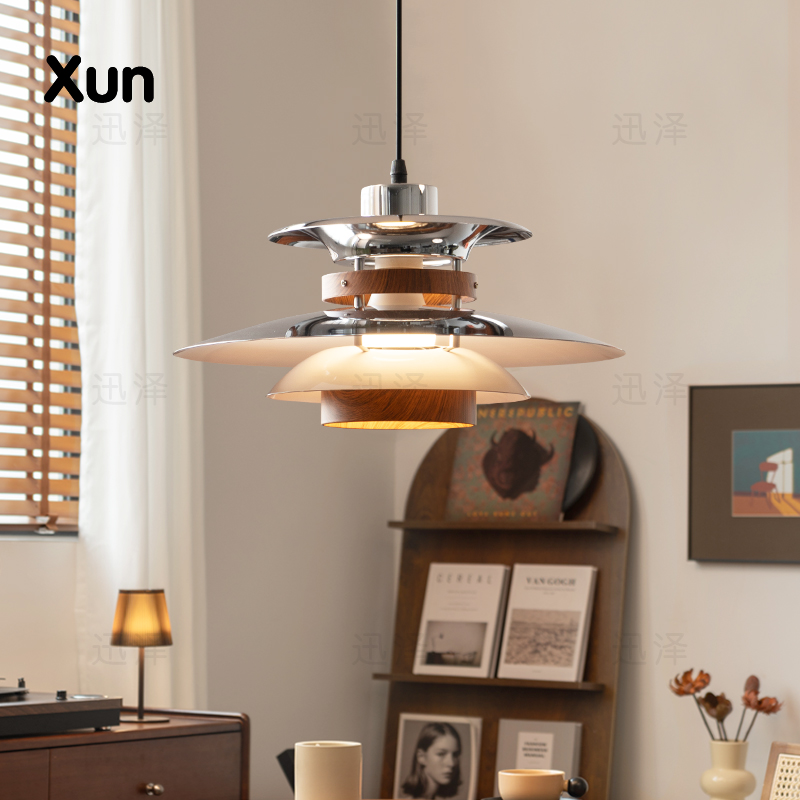 包豪斯中古饭厅吊灯设计师PH5飞碟灯原木风餐桌灯覆古铬色吧台灯