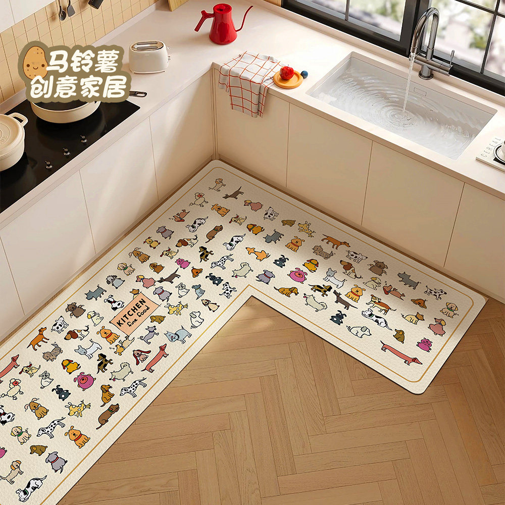 卡通狗狗吸水吸油硅藻泥L型厨房地垫家用防滑可擦免洗耐脏脚垫子