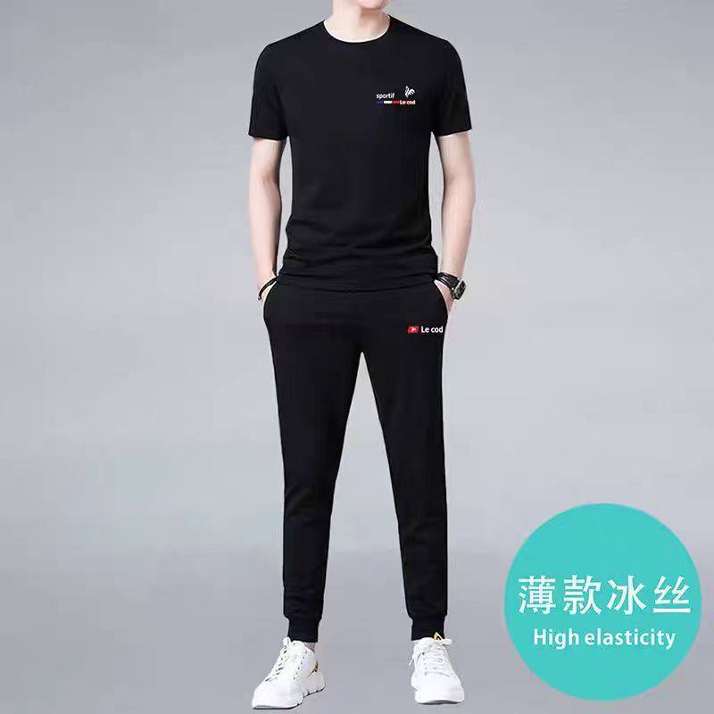 港风男士冰丝短袖长裤休闲套装