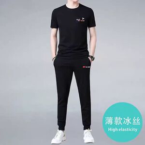 潮流港风夏季男士冰丝速干短袖长裤休闲套装时尚韩版跑步运动服男