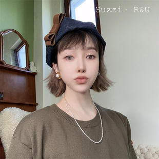 Suzzi棕咖麂皮绒蝴蝶结水洗深蓝色牛仔八角帽子韩国画家帽女