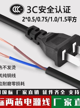 纯铜二芯国标两孔插头带线2*0.5/0.75/1.0平方二插电源线电器通用