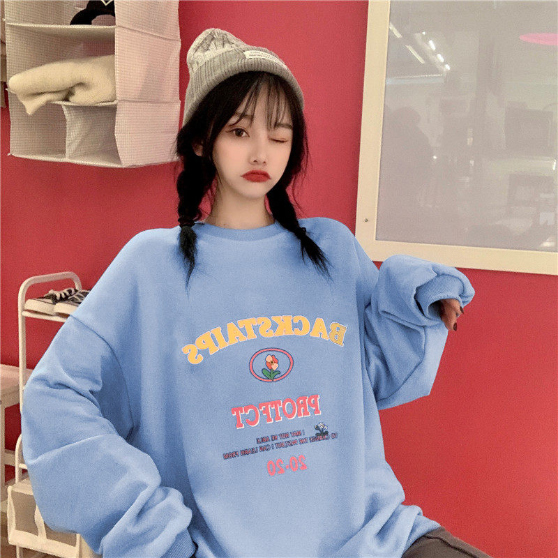 Real shot of autumn and winter new printed sweater women's loose velvet thickened round neck coat