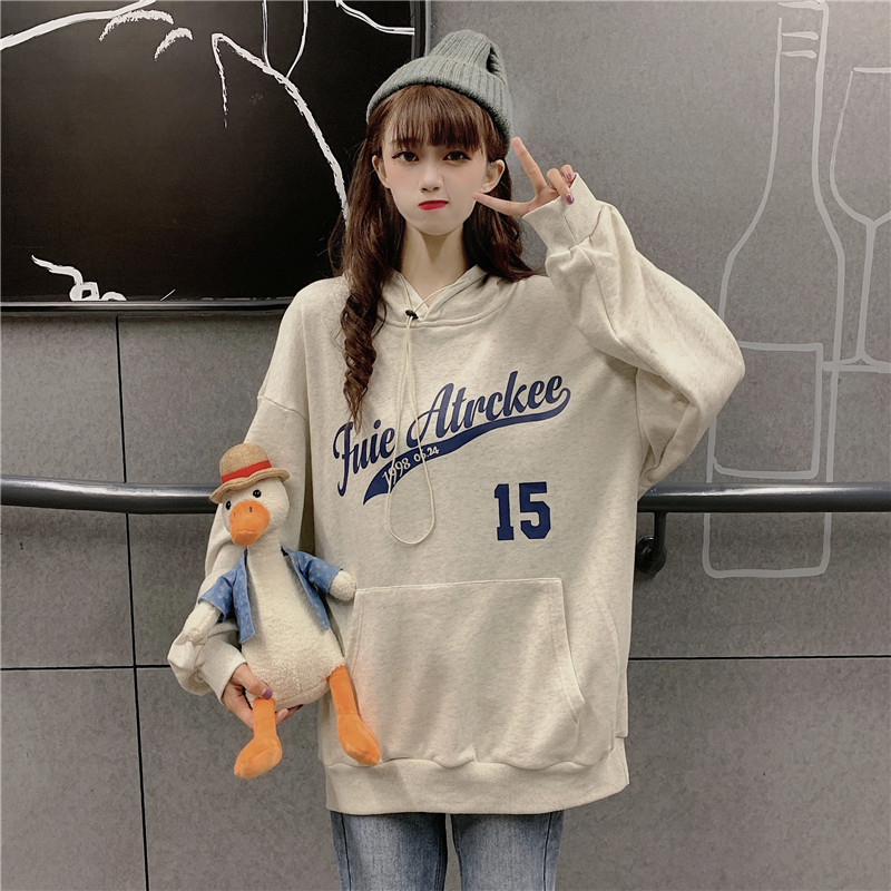 Real shot new plush thickened printed letter Hooded Sweater autumn women's new loose clothes