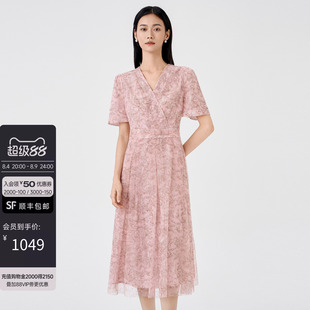 Buou Buou蔷薇盛放夏季品商场同款钉珠压褶印花V领连衣裙女气质