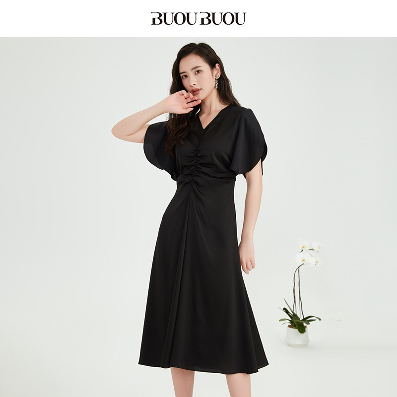 BuouBuou2025夏季新款法式优雅复古荷叶袖抽褶闪葱缎面连