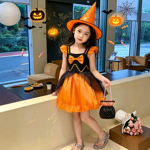 女童万圣节南瓜裙儿童COS女巫魔法师舞台演出表演服小孩角色装扮
