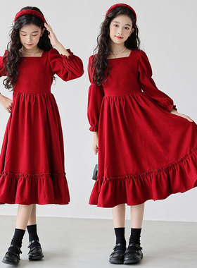 中大童红色连衣裙秋冬新款女童高级感生日礼服新年裙子女孩公主裙