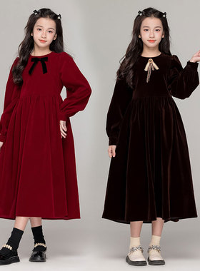 女童连衣裙秋冬新款中大童生日礼服女孩洋气红色新年裙公主裙子