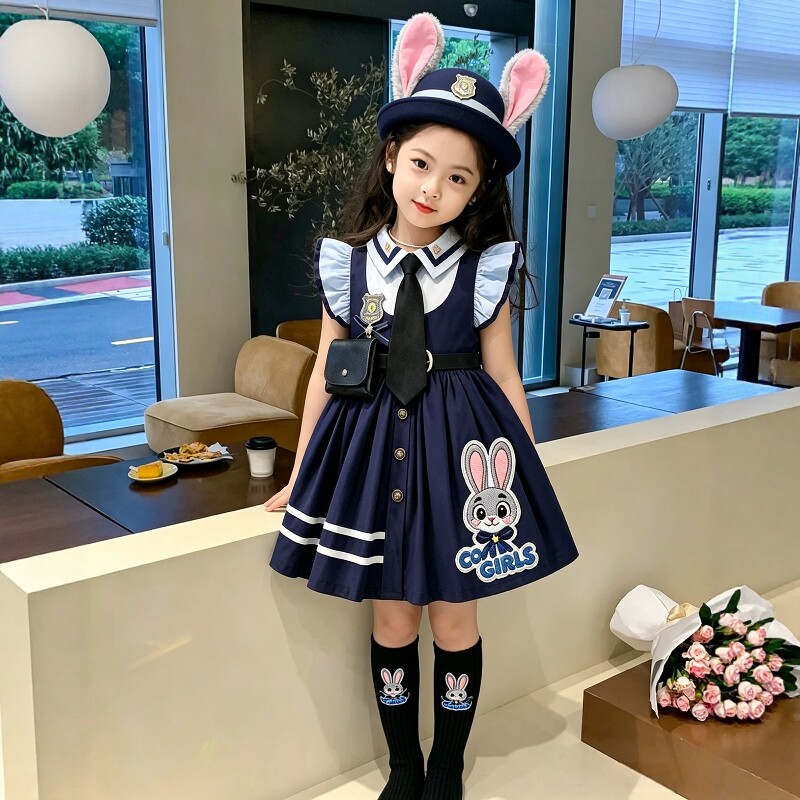 女童夏季短袖兔子警官衣服儿童学院风连衣裙小孩薄款生日公主裙子图片