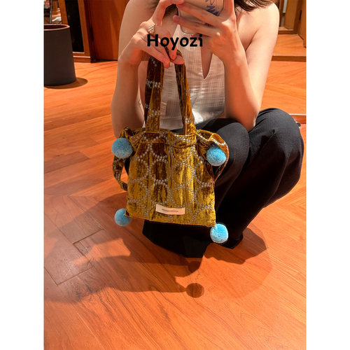 HOYOZI原创设计 赫本花园 老钱风手机斜挎手拎刺绣帆布丝绒小包包