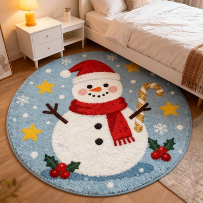 圣诞节圆形地毯客厅可爱装饰卧室床边毯雪人家用防滑耐脏地垫家用