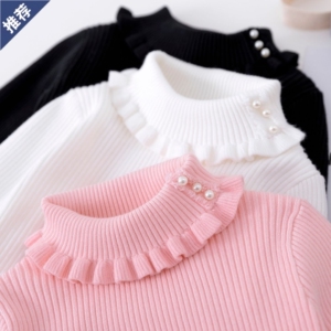 女童加绒毛衣秋冬季10岁洋气8儿童半高领内搭6宝宝翻领针织打底衫