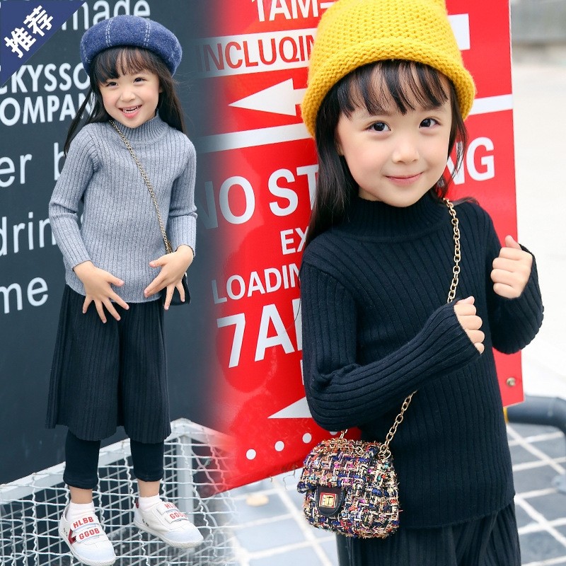 女童套头毛衣加绒十岁儿童6小孩中高领黑色针织8秋冬打底衫小学生