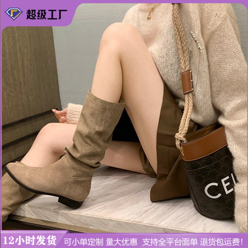 牛皮版~复古绒面粗跟西部靴女秋冬新真皮V口宽筒堆堆高跟中筒靴