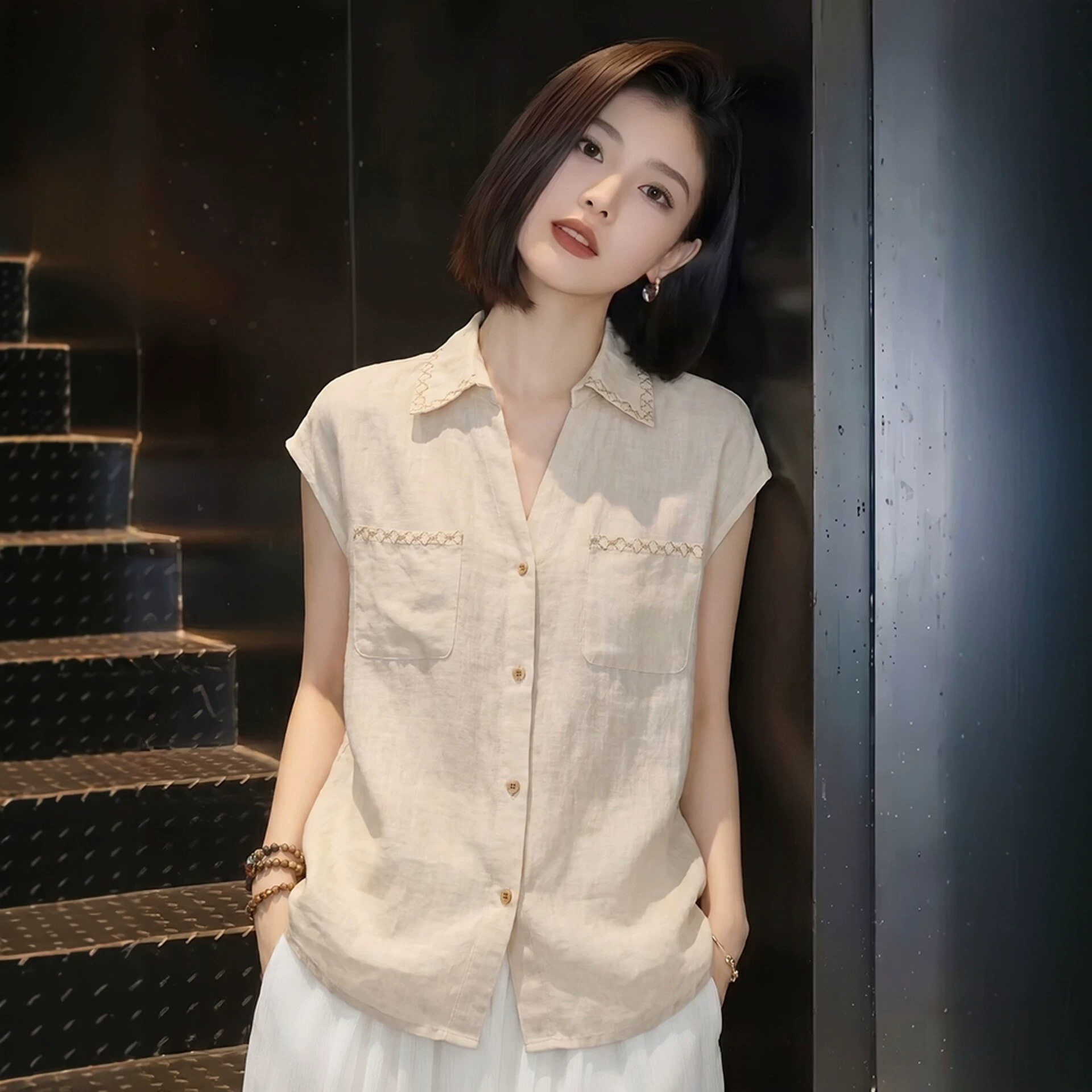 2026夏季新款杏色休闲刺绣翻领短袖拼接衬衫女轻奢风百搭慵懒上衣