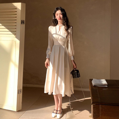 法式名媛时尚气质钉珠收腰长袖醋酸缎面连衣裙高级洋气少女