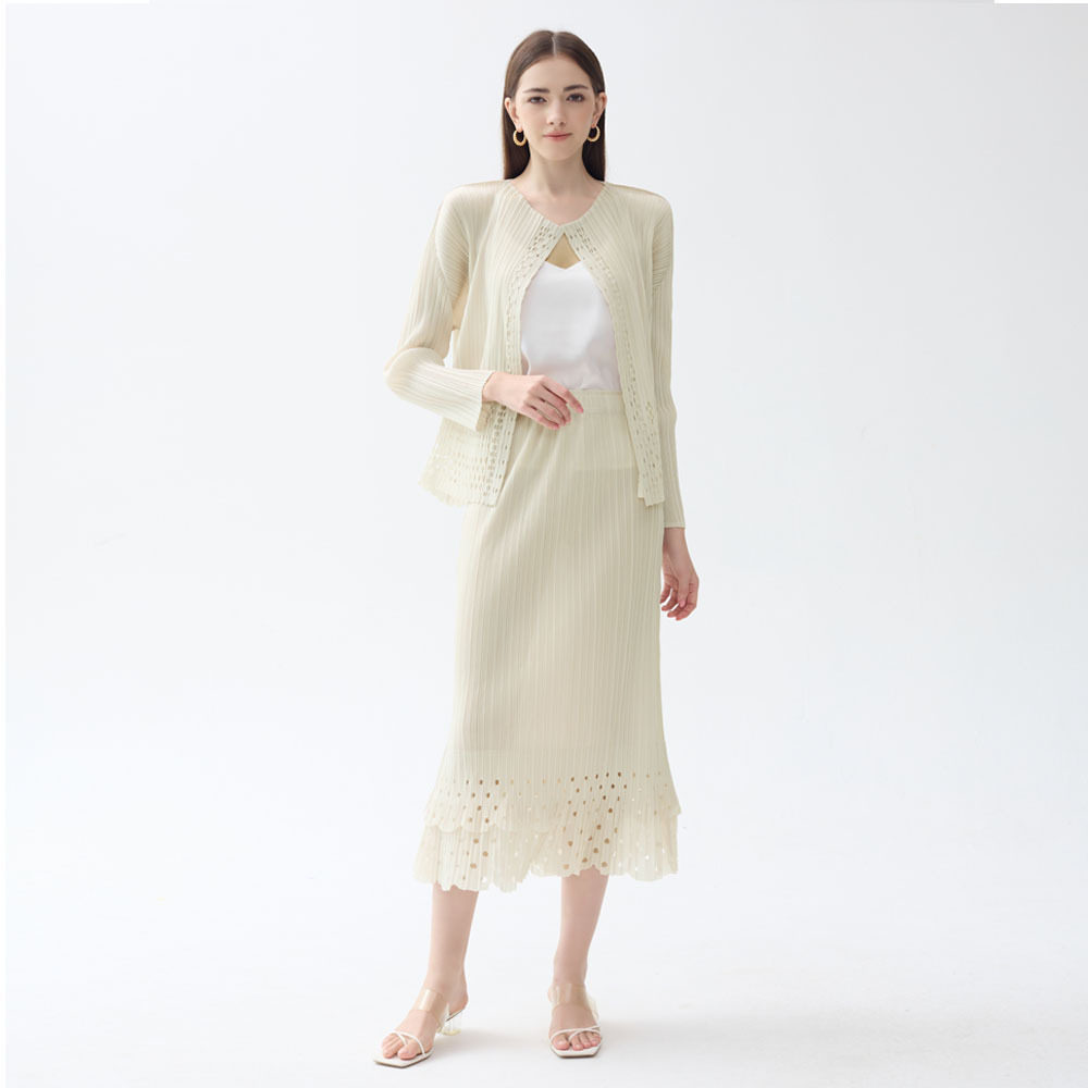 2026春季新款时尚休闲镂空杏色长袖开衫外套小香风半身裙女两件套